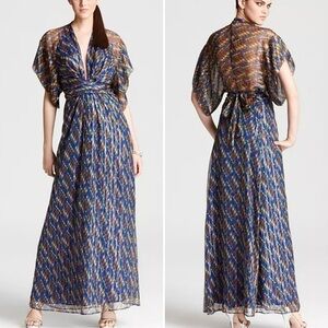 Issa London Metallic Chiffon Silk Maxi Dress Boho Luxe Deep V neck Blue print 2
